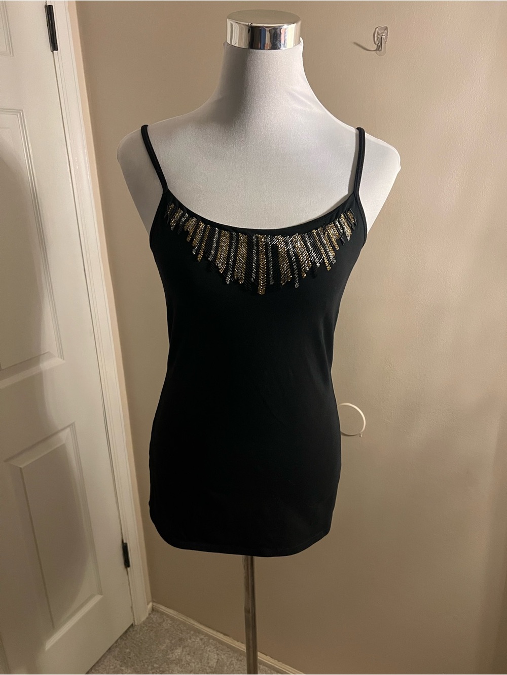 Express Black Cami with Gold Beaded Fringe - sexy basic brac cami size M